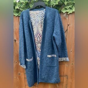 CHICO’S Paisley Leopard-Print Detail Blue Open Front Cardigan